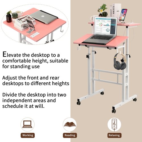 Hadulcet Mobile Standing Desk with Charging Station, Adjustable Standing Computer Desk, Standing Adjustable Laptop Cart with Wheels for Home Office Classroom, Pink