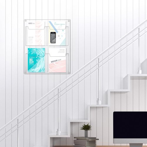Yousoontic 4 Pocket Pamphlet Holder Wall Mount Acrylic Brochure Holder Plastic Trifold Multi Slot Flyer Rack Clear Literature Rack Magazine Literature Display Wall Hanging Organizer for Office