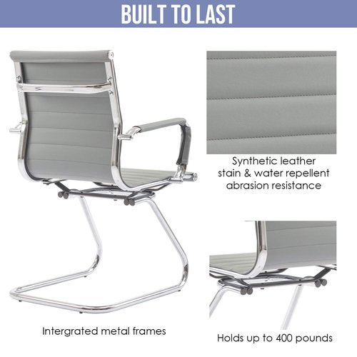Wahson Office Guest Chairs No Wheels & Reception Chairs, Leather Waiting Room Chair Mid Back Conference Chairs with Sled Base for Meeting/Lobby/Restroom, Grey (10 Pack)