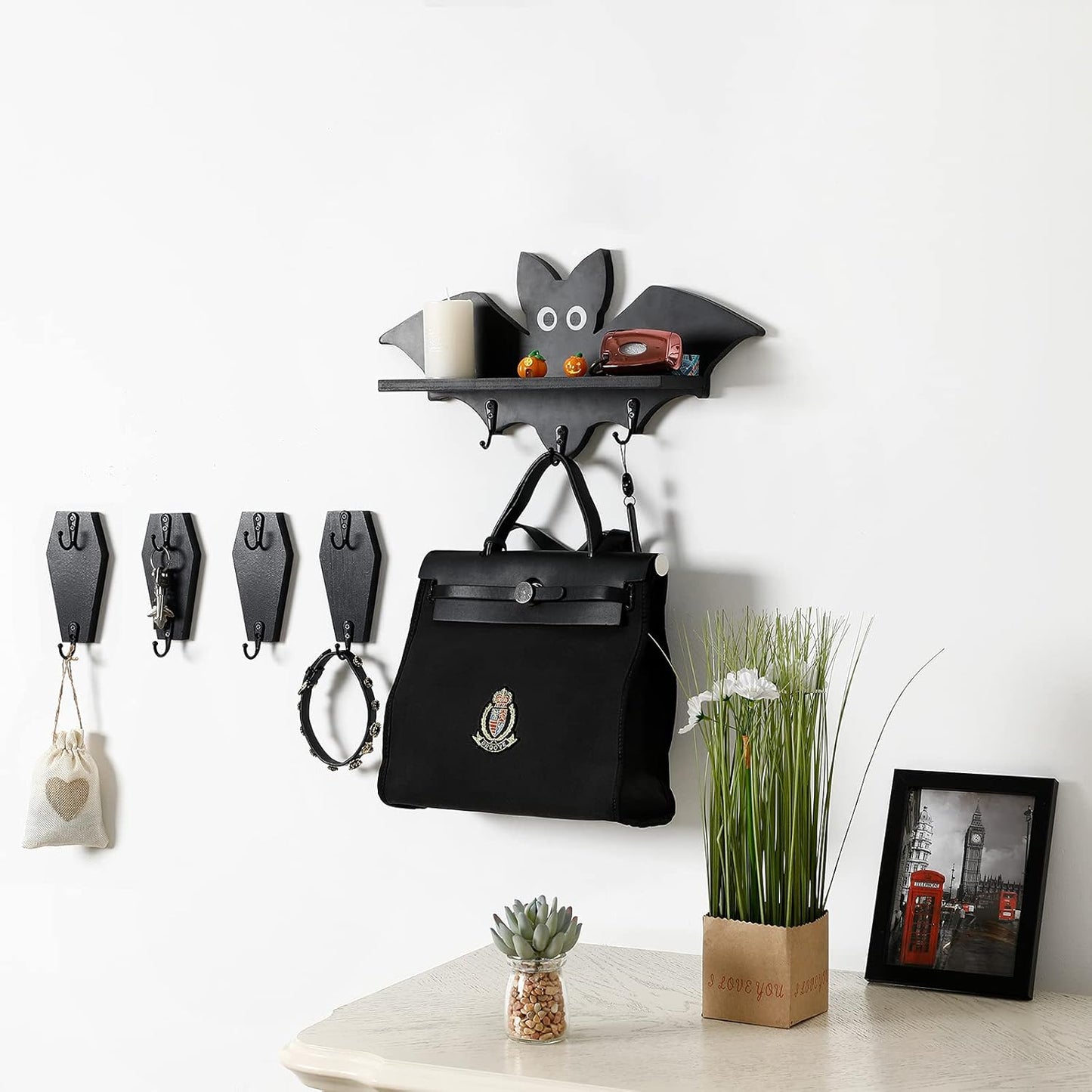 Skiennix Coffin Wall Hook Set - Spooky Gothic Home Decor - Rustic Black Wooden Key Hangers | 4 Pieces