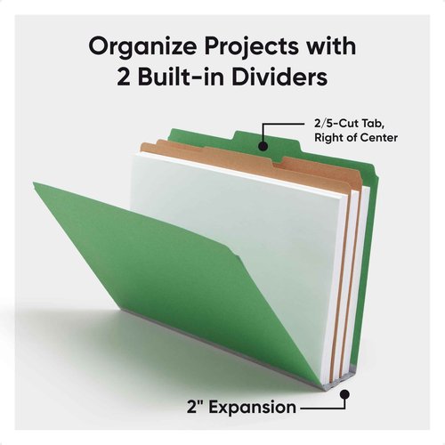 Smead Pressboard Legal Size File Folders with SafeSHIELD Fasteners, 2 Dividers, 2" Expansion, Office Folders, Paper Holder, Green, 10 per Box (19033)
