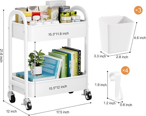 Skiennix 2-Tier Rolling Cart - Metal Utility Organizer with Wheels for Easy Storage | White
