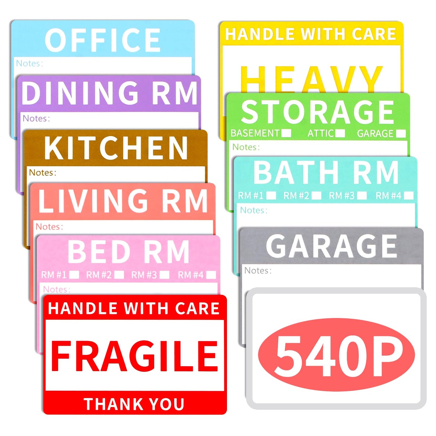 Azureal 540 PCS Moving Labels, 10 Color Coded Moving Stickers Including Fragile, Heavy and Blank Labels, 2'' x 3'' Packing Labels for Moving Boxes, Moving Supplies, Wardrobe Boxes, Apartment Sticker