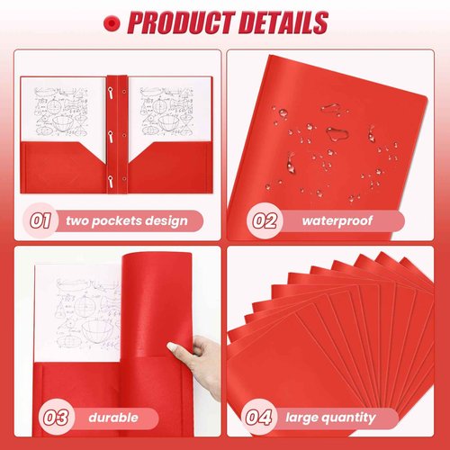 Yeaqee 60 Pcs Plastic Folders with Pockets and Prong Plastic Folders with 2 Pockets Pocket for Office, School for Students, Teachers, Office Workers (Red)