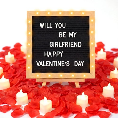 Ceenna Romantic LED Candle Sign - "Will You Be My Girlfriend" with Rose Petals | 10x10 Inch DIY Felt Board for Valentine's Day Decor