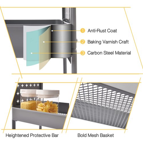 TOOLF 3-Tier Rolling Cart, Metal Utility Storage Cart with DIY Pegboards, Art Craft Trolley with Baskets Hooks, Serving Organizer Easy Assemble for Office, Home, Kitchen, Classroom (Grey)