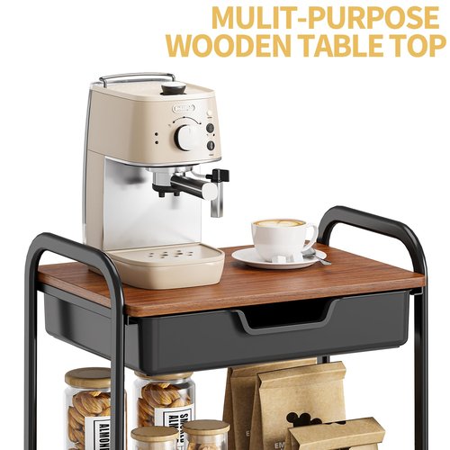TOOLF 3-Tier Utility Rolling Cart with Wooden Board and Drawer, Metal Storage Cart with Handle, Black Trolley Kitchen Organizer Rolling Desk with Locking Wheels for Office, Classroom, Home, Bedroom