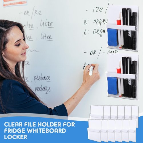 Sherr 12 Pcs Magnetic Pockets for Classroom 6.5'' X 4.7'' Magnetic Pouch Pen Marker Holders Dry Erase Marker Storage for Whiteboard Locker Accessories Refrigerator Home Wall(Clear)