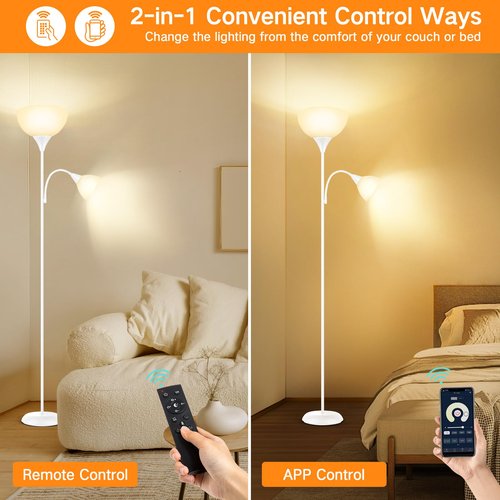OUTON LED Floor Lamp, 70" Tall Torchiere Floor Lamp, Adjustable Reading Light, Modern Dimmable Standing Lamp with Remote Control & Foot Switch, Corner Lamp for Living Room Bedroom Office, White