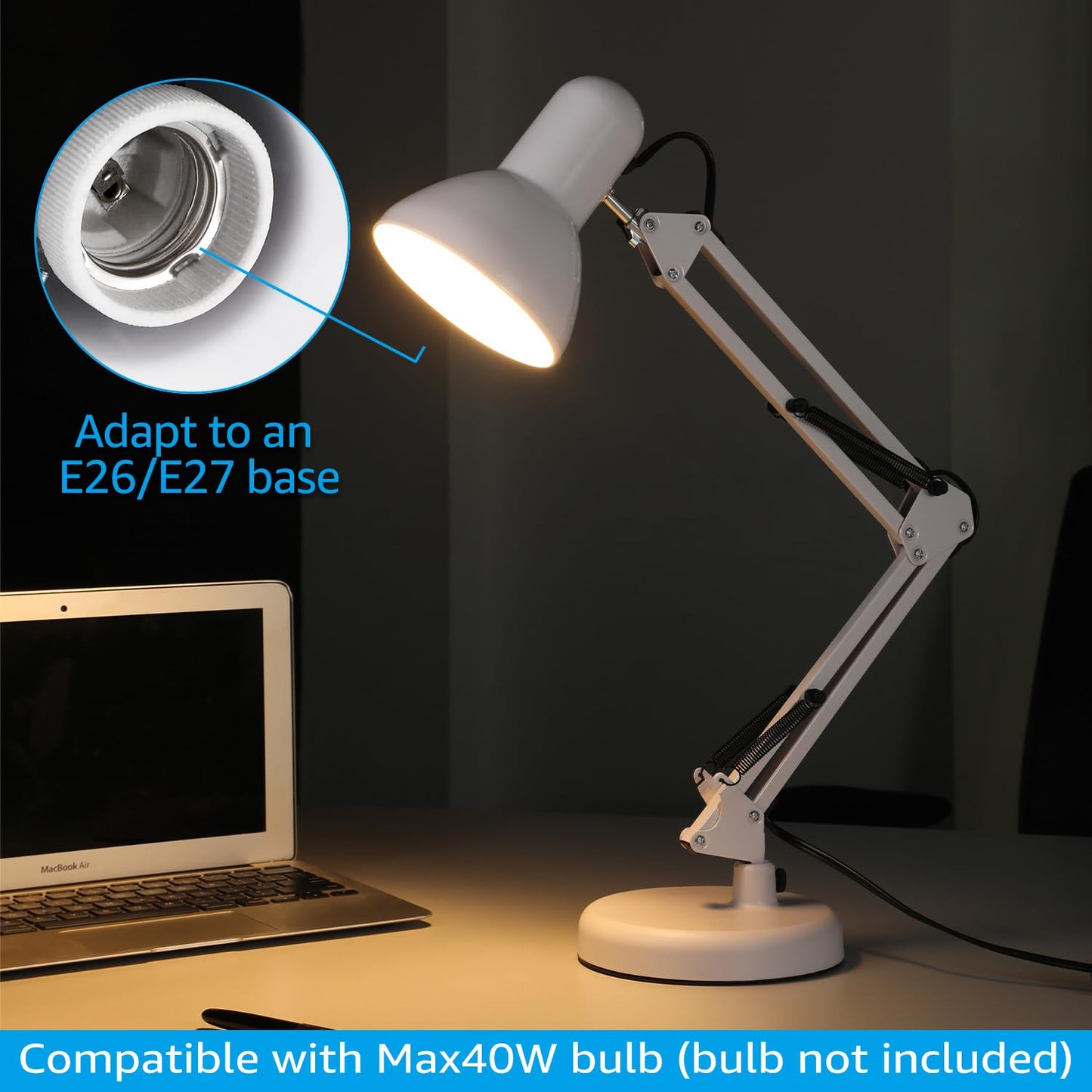 TORCHSTAR Metal Desk Lamp, Adjustable Swing Arm, E26, White