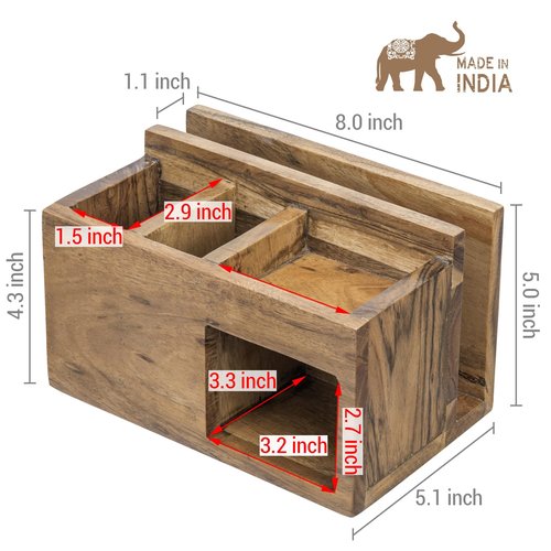 MyGift Rustic Solid Acacia Wood Office Desktop Stationery Organizer, Desk Caddy with Mail Slot, 2 Pen Holders, Sticky Note Storage, and Supplies Tray - Handcrafted in India