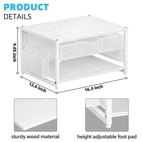 Marbrasse Wood Printer Stand for Desk, 2-Tier Desktop Printer Table for Home Office, Printer Stand with Storage Drawer 2 Pen Holders, Multi-Purpose Desk Organizer for Fax Machine Scanner Files (White)