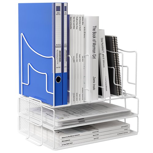superbpag Desk Organizer, Stackable Letter Tray with 5 Section Vertical File Organizer, Mesh Desktop File Sorter for A4/A5 Paper/Document/Magazine/Mail/Bill, White