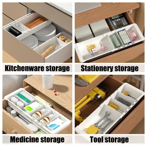 YOOUSOO Expandable Drawer Organizer, 2 PCS Adjustable Drawer Organizer Trays, Drawer Dividers Organizers and Storage For Office Supplies, Pens, Makeup,Utensils, Tools, Flatware and Junks, White