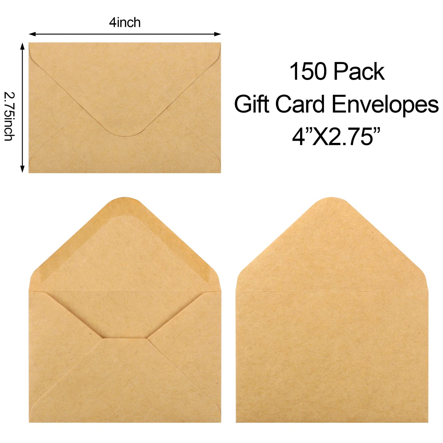 150 Pack Gift Card Envelopes, 4" x 2.75" Mini Envelopes, Brown Kraft Business Card Envelopes, Small Envelopes for Holidays, Weddings, Baby Showers, Birthdays Banquets