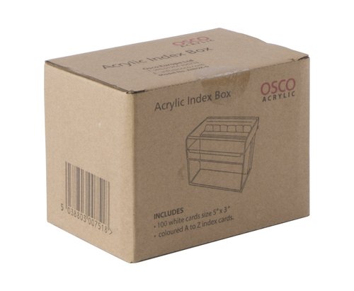 OSCO Clear Acrylic Index Box | Small | A to Z Divider Tabs | 100 Lined Note Sheets Included (5" X 3") | Ruled Revision Flash Cards | Recipe Notes | Contacts Filing | Fits 127 x 76 mm