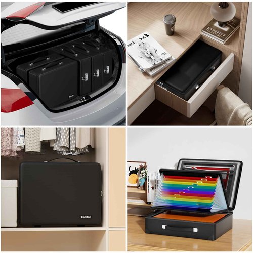 Fireproof Document Box with Fireproof Zipper, Hard Fireproof Safe Case with Lock, Fireproof Water Resistant Safe Box with Accordion File Organizer for Important Documents, Valuables, Laptop, Black