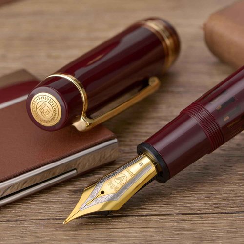 Yongsheng Junlai 930 Acrylic Fountain Pen, Size 9 Medium Nib with Piston Filling System, Wine Red Fence Ink Tank with Flat Top Design Smooth Writing Pen (Gold Trim)