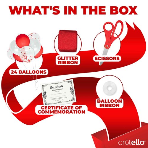 Crutello Ribbon Cutting Ceremony Kit - 21"Giant Scissors with Red Handle, 30ft Sparkle Giant Red Ribbon 4"Wide, 24 Balloons & 90ft Balloon Band for Grand Opening Decorations