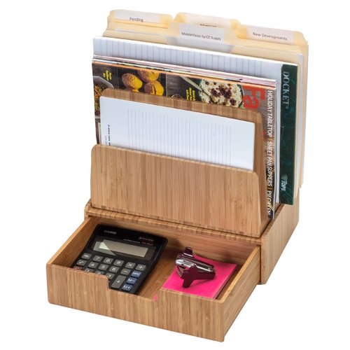 Desktop Paper Tray File Folder Holder 5-Slot, & Bamboo Drawer Set; Storage for Office Supplies & Stationary items, pens, pencils, scissors, notepads, business cards and more