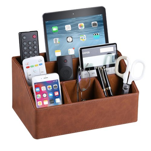 MEIBOOCH PU Leather Desk Organizer, Luxury Remote Control Holder for Home, Office Desk Accessories Table Caddy Bedside Nightstand Organizer (Brown)