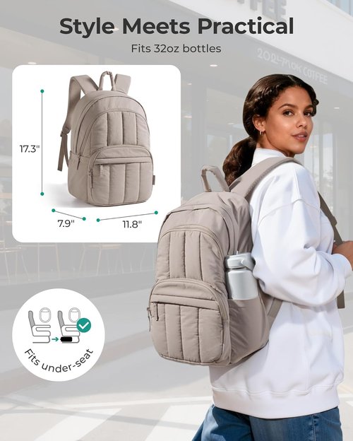 BAGSMART Women's Quilted Laptop Backpack - Water-Resistant Travel Bookbag in Puffer Rose Purple