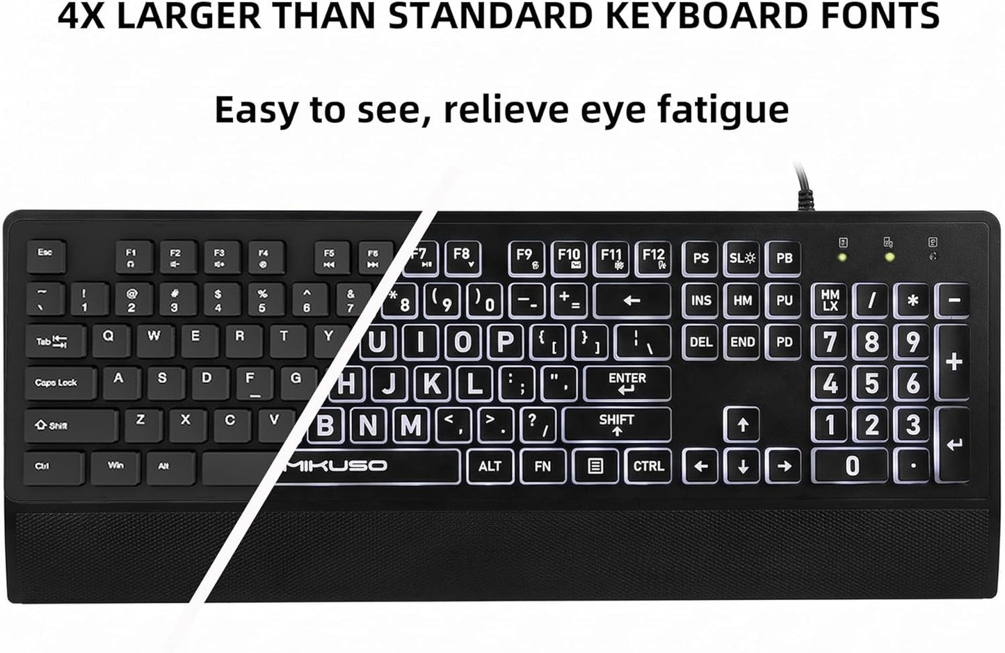 Skiennix Large Print Keyboard - High Contrast Black Keys with White Backlight | 104 Full Size for Low Vision
