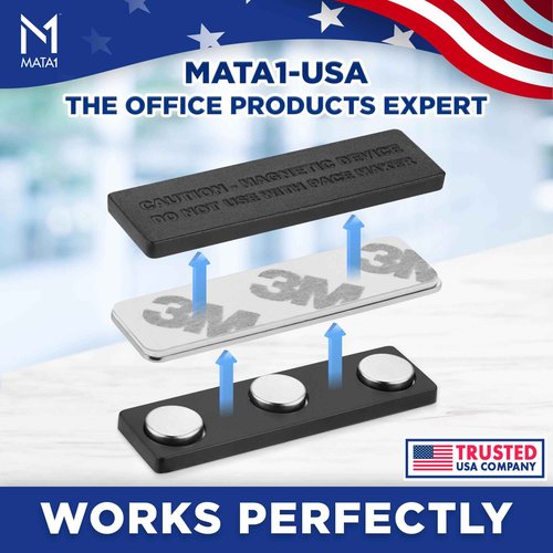 Mata1-USA No-Pin Design Name Tag Magnets (200 Badge Holder Magnets, 1.75 x 0.4 inches), Name Tag Magnet Backs w/ 3 Extra-Strong Neodymium Magnets for ID Badge Holders