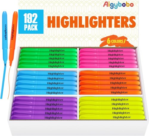 Aigybobo Highlighters - 192 Pack of No Bleed Chisel Tip Markers in 6 Assorted Colors | Ideal for School & Office