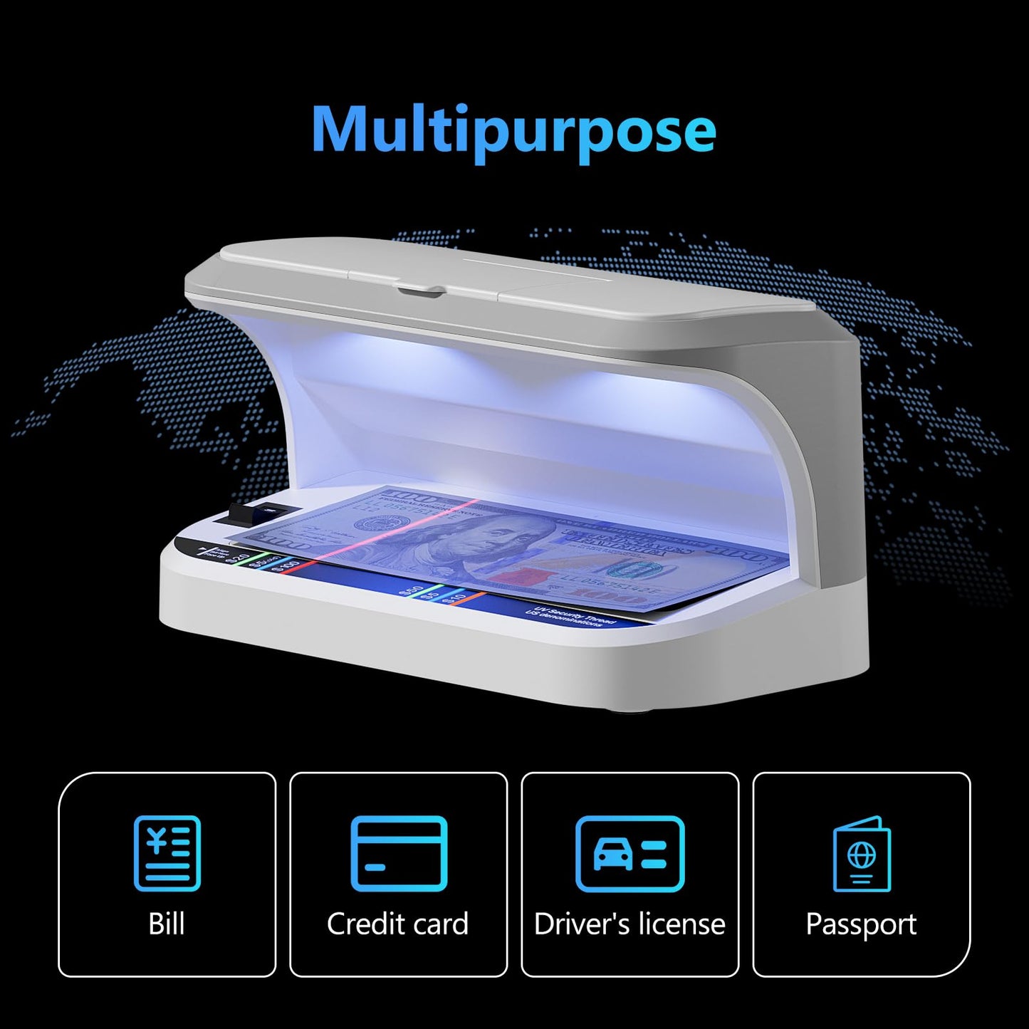 AROHANI Portable Counterfeit Bill Detector with 8X Magnifying, 2 LED UV Light, Large Watermark Area for Money, IDs and Credit Cards