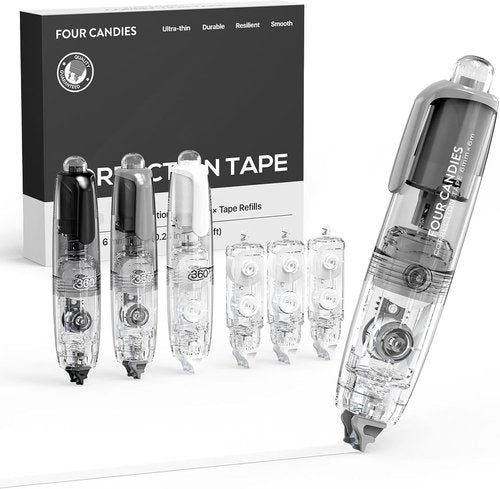 Four Candies Correction Tape - Refillable Retractable White Tape with 3 Extra Refills | Cute Aesthetic Design