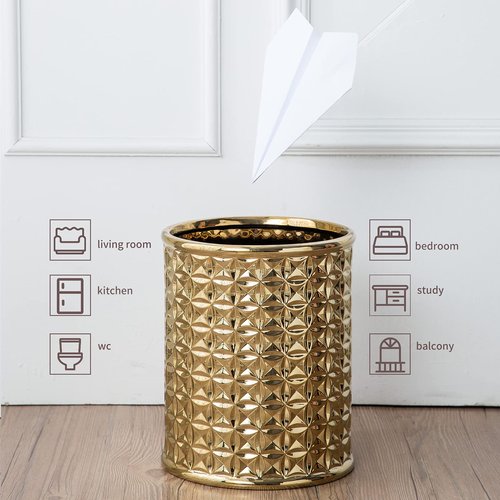 Gold Ceramic Trash Can - Round Waste Bin for Bathroom Vanity & Kitchen Desk, Durable Small Garbage Can with Lid, Modern Home Office Decor, Space-Saving Design