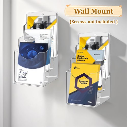 HekouJiub 3 Tier Acrylic Brochure Holder 4 x 9 inch 4 Pack Pamphlet Holder Display Stand Clear Brochure Display Stand for Brochures, Pamphlet, Wall Mount or Countertop