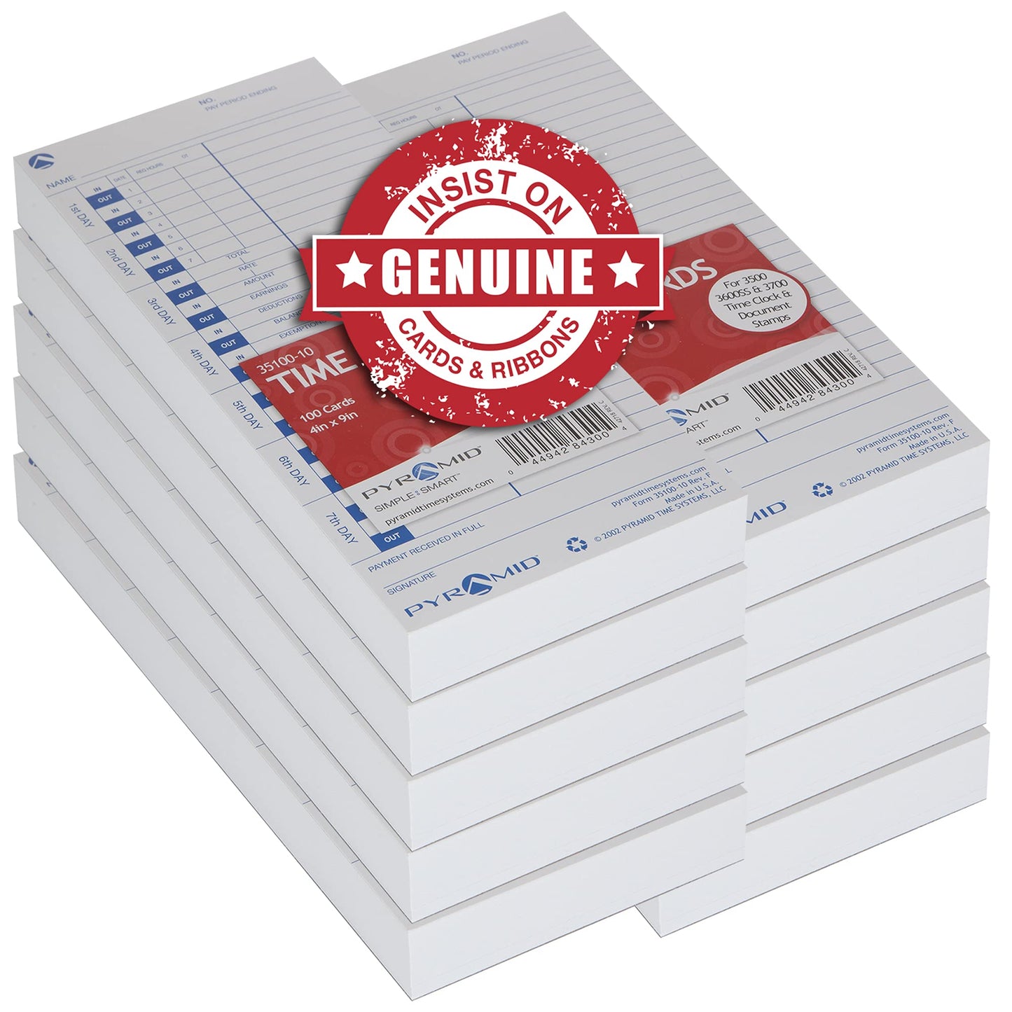 Pyramid Time Systems - 30% Recycled Time Cards (35100-10MB) for Pyramid Models 3500, 3500SS, 3600SS, and 3700 Time Clock and Document Stamp, Single Sided Time Sheets (4 X 9 In) - 1000 Time Cards