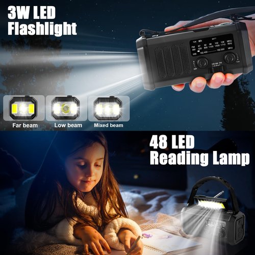 QAUYYW Hand Crank Emergency Radio,74000mWh Solar Powered Portable NOAA AM FM Weather Radio with 3 Mode Flashlight and Reading Light,Cell Phone Charger,Home and Emergency Distress Signal (Black)