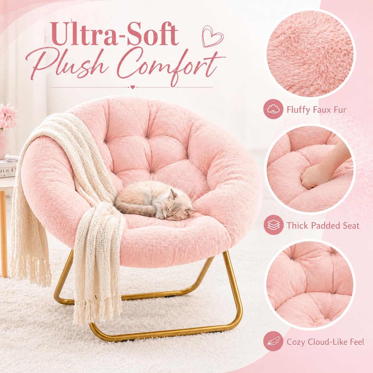 Simple Deluxe Comfy Chairs for Bedroom, Faux Fur Saucer Chair for Adults, Oversized Comfy Soft Saucer Chair, Padded Lazy Chair for Living Room Dorm Rooms, Pink