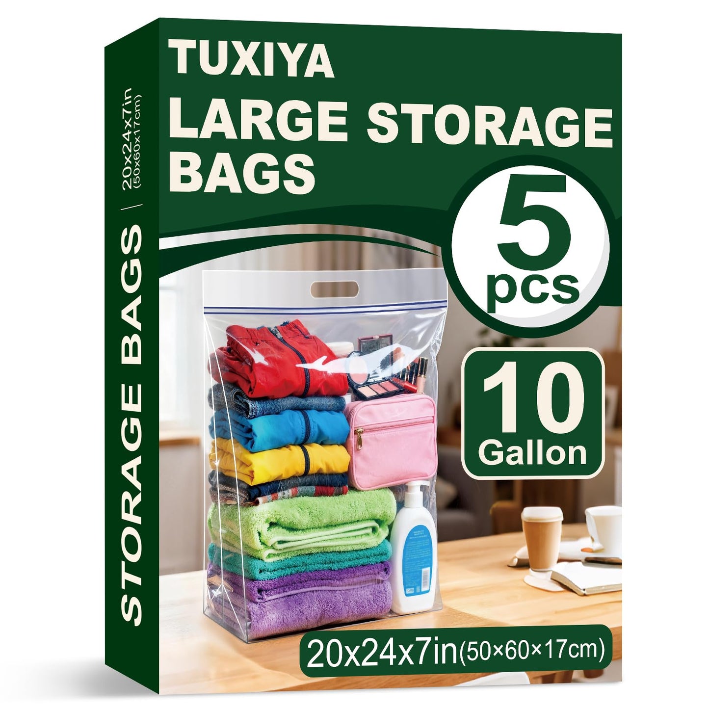 TUXIYA 5 PACK Extra Large Storage Bags, 10 Gallon 24"x20"x7", Resealable Clear Bags with Handle, XL Heavy Duty for Clothes Travel Moving, Double Zipper Seal, Expandable Bottom, Thick 8 Mils