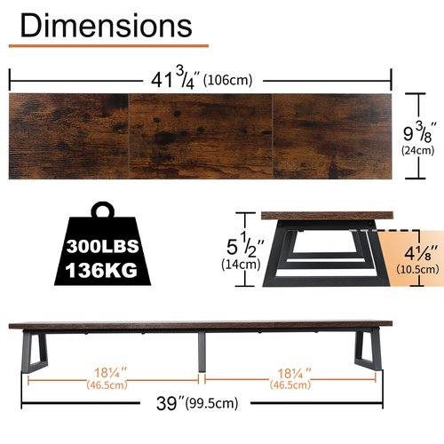 TEAMIX 42 inch Large [Dual] [Monitor] [Riser],Rustic Brown Extra Long TV [Stand Wood & Steel Desktop [Riser] with Storage for [Dual] Screen Office Desk Organization