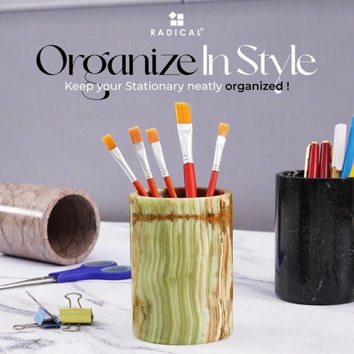 Radicaln Marble Stationary HolderGreen Onyx 4" Handmade Pen Holder for Desk, Ideal for Desk Organizer, Workspace Accessories & School Stationary