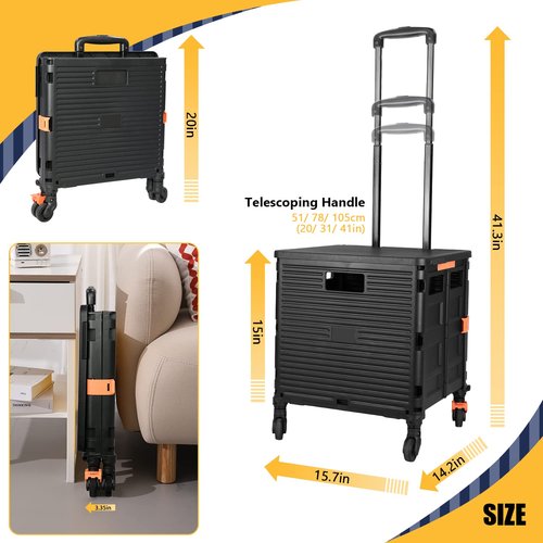 SELORSS Foldable Utility Cart Portable Rolling Crate Handcart Shopping Trolley Collapsible Tool Box with Rotate Wheels Durable Duty Plastic Telescoping Handle Lid for Travel Move Office School(Black)