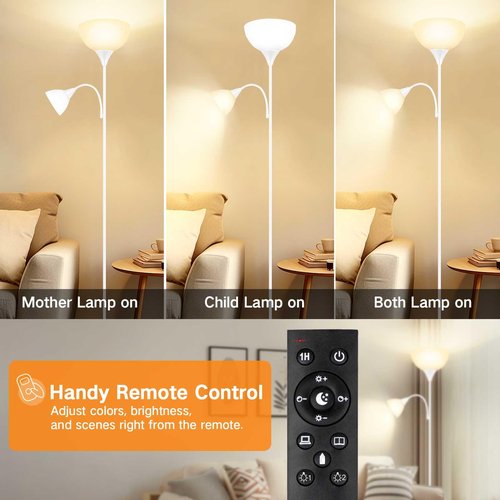 OUTON LED Floor Lamp, 70" Tall Torchiere Floor Lamp, Adjustable Reading Light, Modern Dimmable Standing Lamp with Remote Control & Foot Switch, Corner Lamp for Living Room Bedroom Office, White