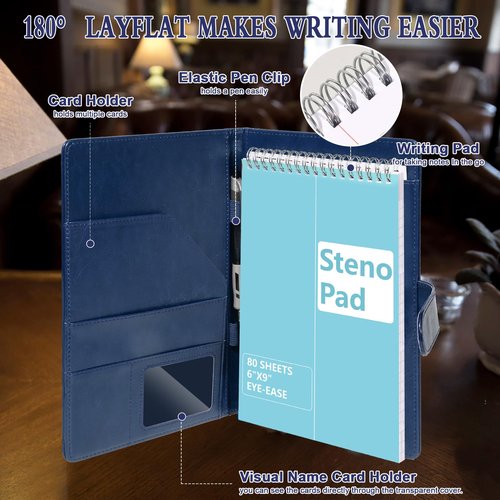 Leather Steno Pad Holder 6x9 Steno Pad Cover Business Padfolio Organizer Leather Cover Compatible With 6x9 Steno Notebook Portfolio Pocket Organizer With Pen Loop for Business Office(Dark Blue)