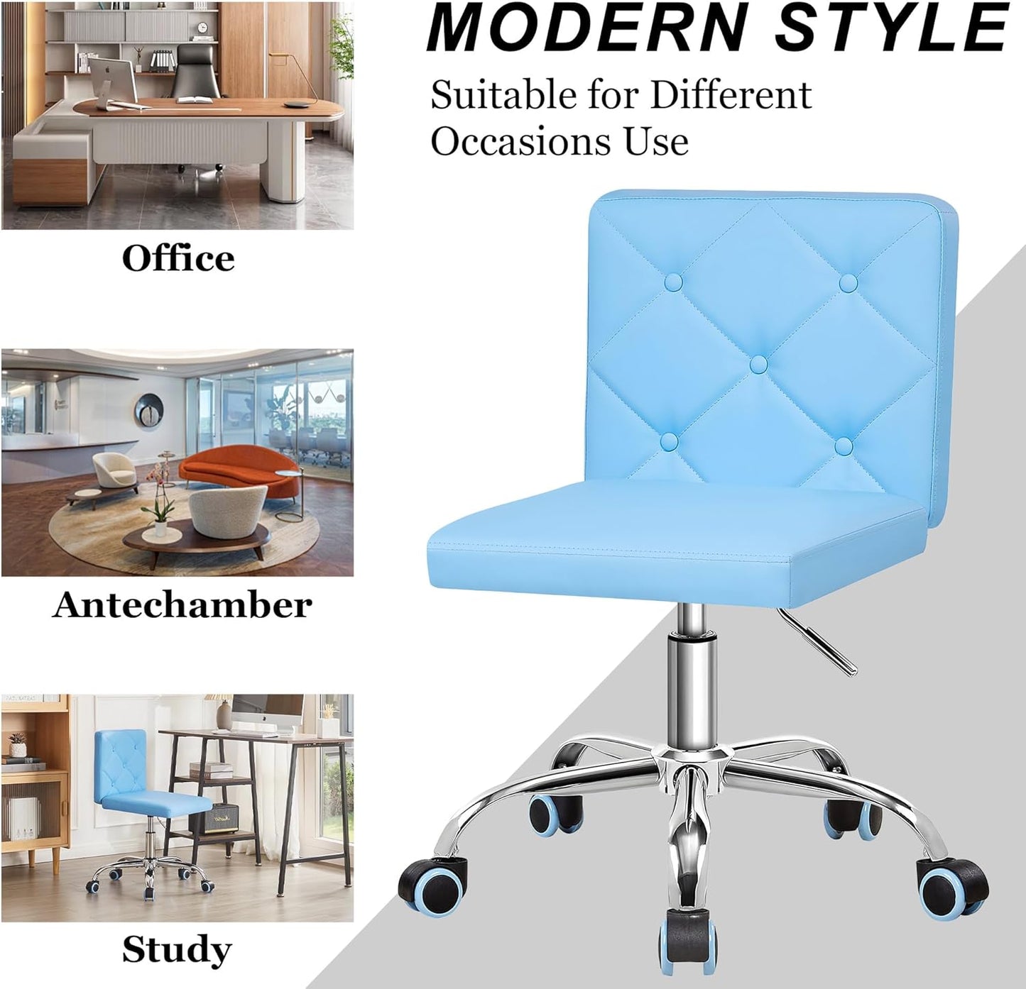 VECELO PU Leather Mid-Back Armless Vanity Chair - Adjustable Height & 360° Rolling Swivel