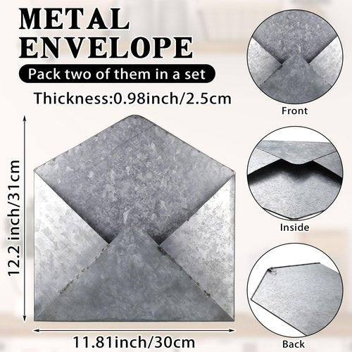 Yaocom 2 Pcs Galvanized Metal Envelope, Wall Mount Galvanized Mail Organizer Rustic Wall Holder Farmhouse Pocket for Storage Mail Postcards Letters Bills Home and Office Decor