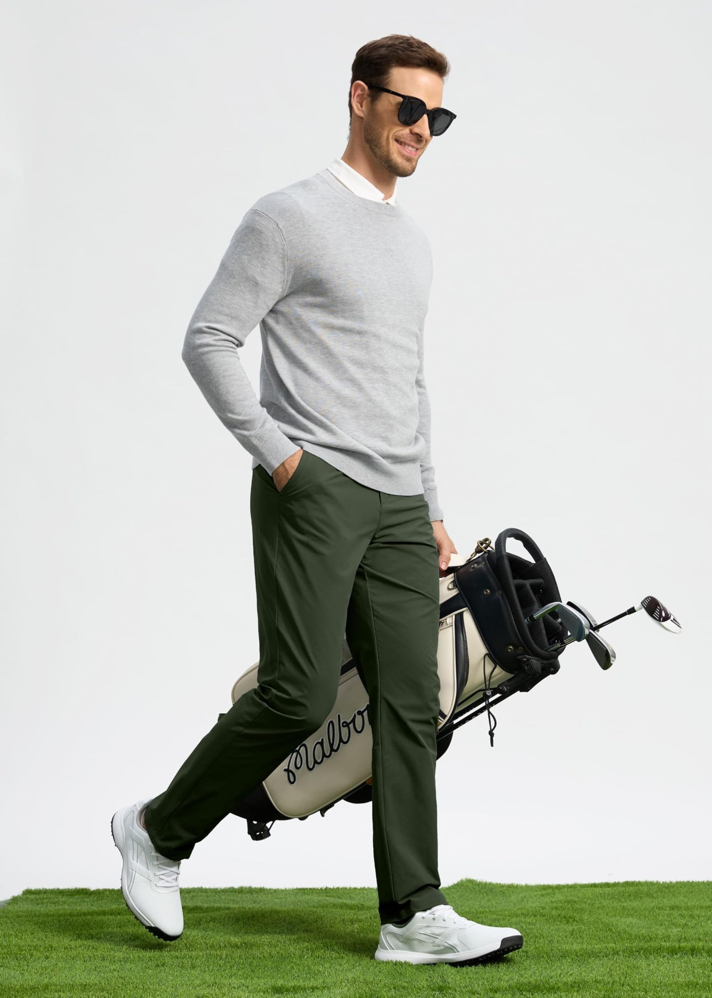 Pudolla Dress Pants for Men Golf Pants Stretch Work Dress Comfy Pants 32 Lightweight Quick Dry Casual Slacks Trousers(Army Green 33Wx32L)