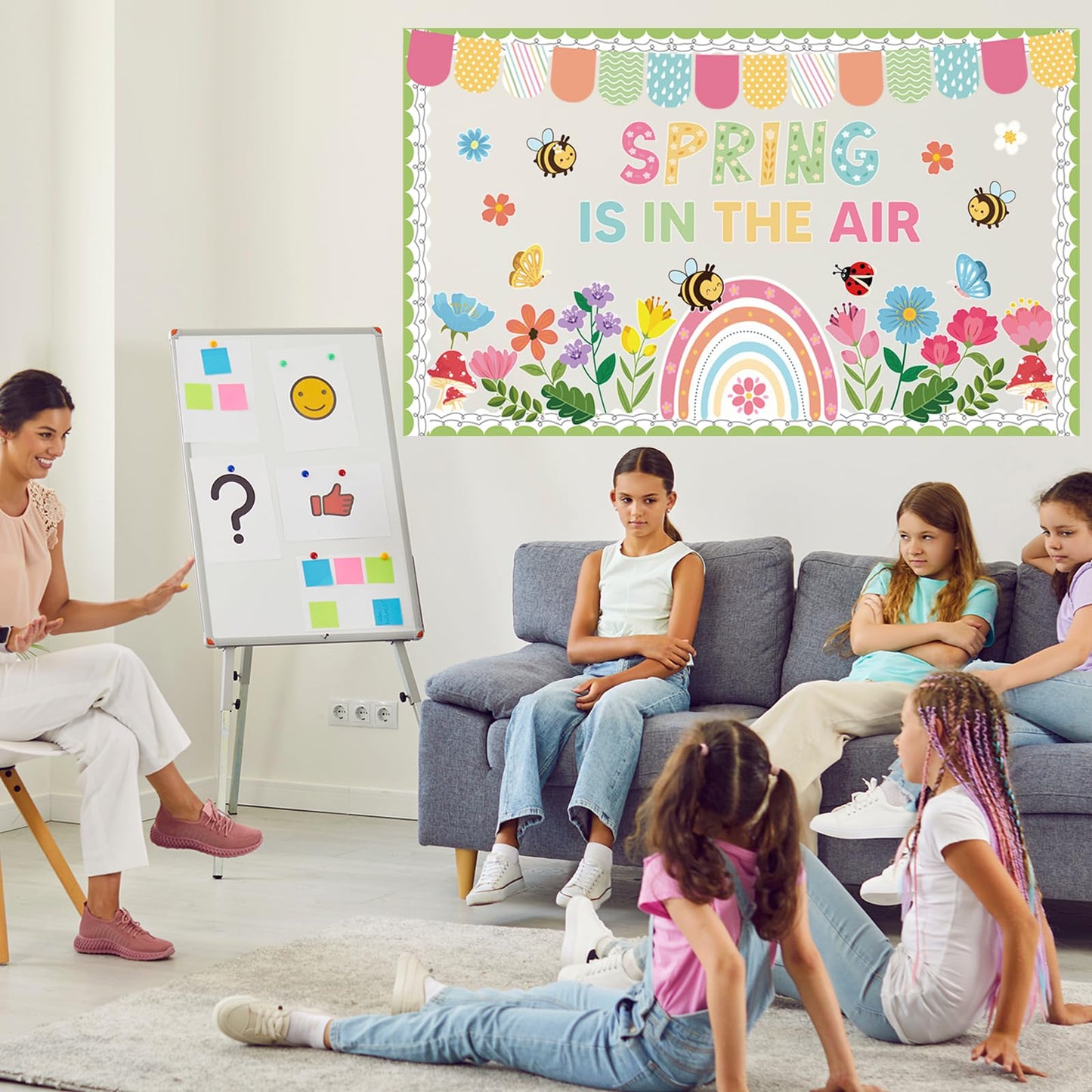 Spring Flower Bulletin Board Set Floral Classroom Bulletin Board Decoration with Rainbow Flowers Bee Paper Cutouts Spring in the Air Themed Classroom Wall Decor for School Chalkboard Teacher Supplies