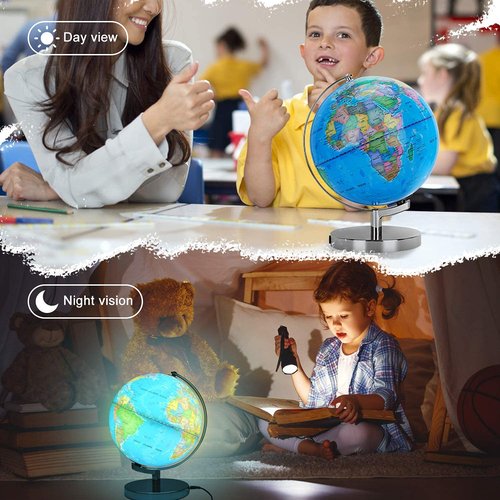 POOCCI 6 in1 Illuminated World Globe for Kids & Adults All Ages High Clear Map, Illuminates Educational Interactive STEM Toy, Light Up Kids Globe Lamp,Gifts For Boys And Girls