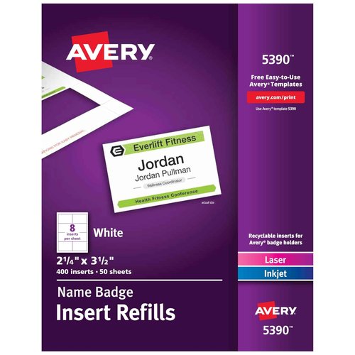 Avery Customizable Name Badge Inserts, 2.25” x 3.5”, White, 400 Printable Name Tag Inserts (5390) (Pack of 5)