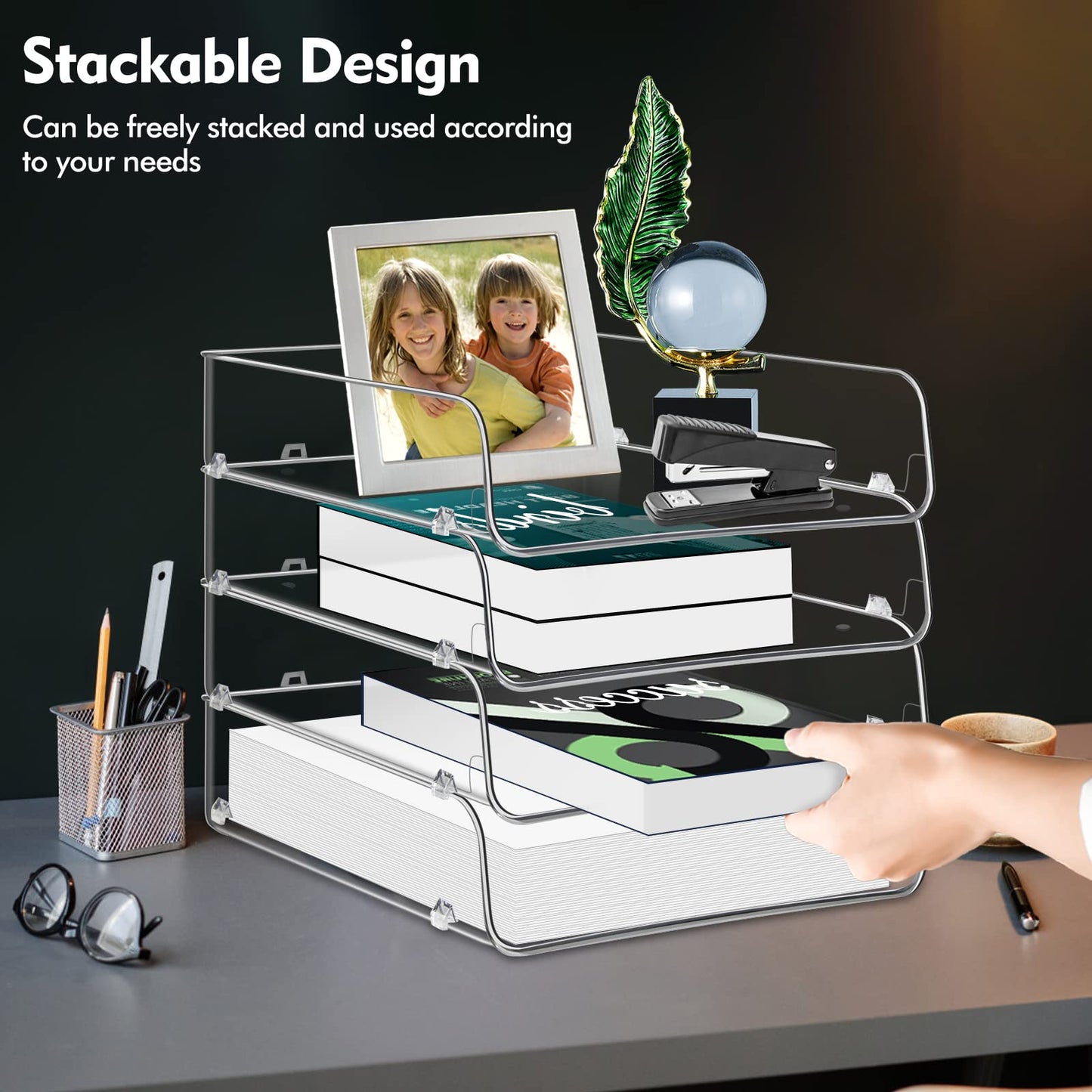 Lunmore Stackable Paper Trays, 4 Tier Desk File Organizer, Document Letter Tray for Office Supplies, Magazine