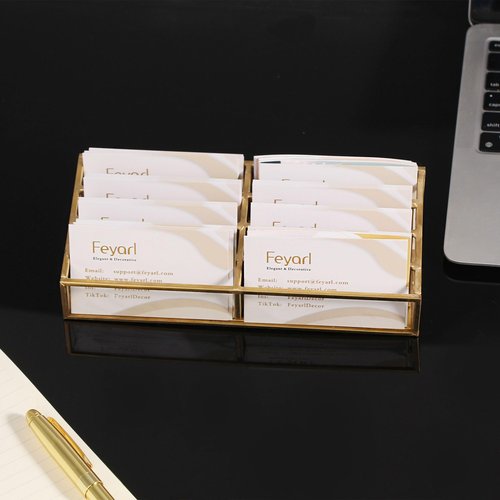 Feyarl Gold Glass Business Card Holder 8 Slots Large capacity Name Cards Display Stand Business Cards Holders Organizer Storage for Office Meeting Store Front Desktop Countertop